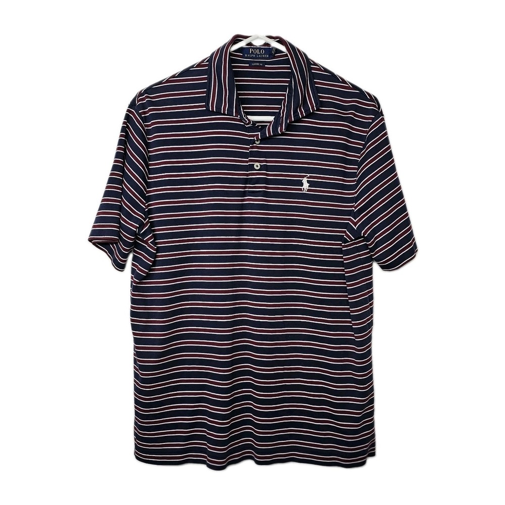 Ralph Lauren Shirt Mens Med Red Navy Striped Short Sleeve Classic Fit Rugby Polo